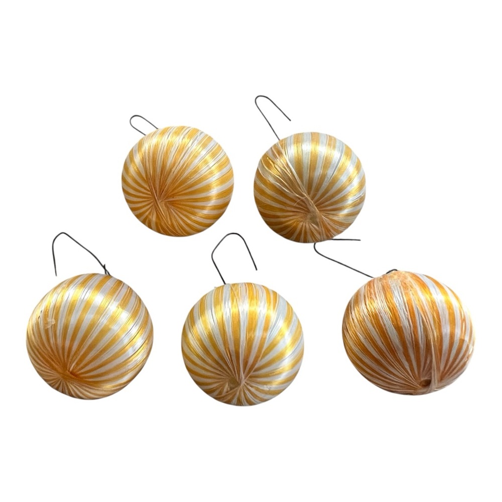 VINTAGE KMART WHITE YELLOW STRIPE MINIATURE SATIN CHRISTMAS ORNAMENTS - SET OF 5